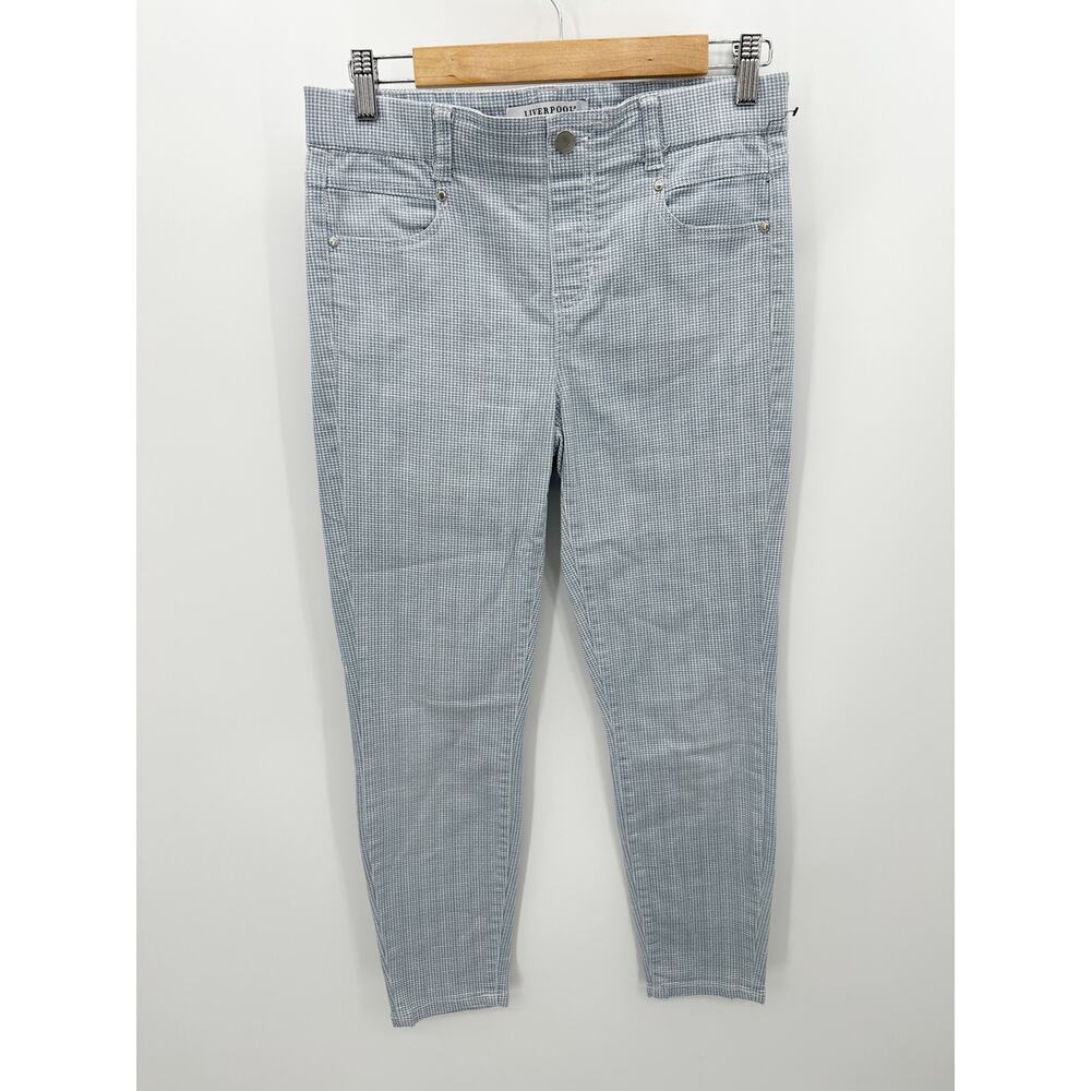 Liverpool Womens Blue Gingham Plaid Pull On Stretch Pants Size 4/27 Ankle